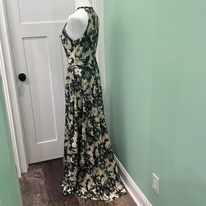 Betsy & Adam metallic floral halter gown. Green and gold. Size 8.